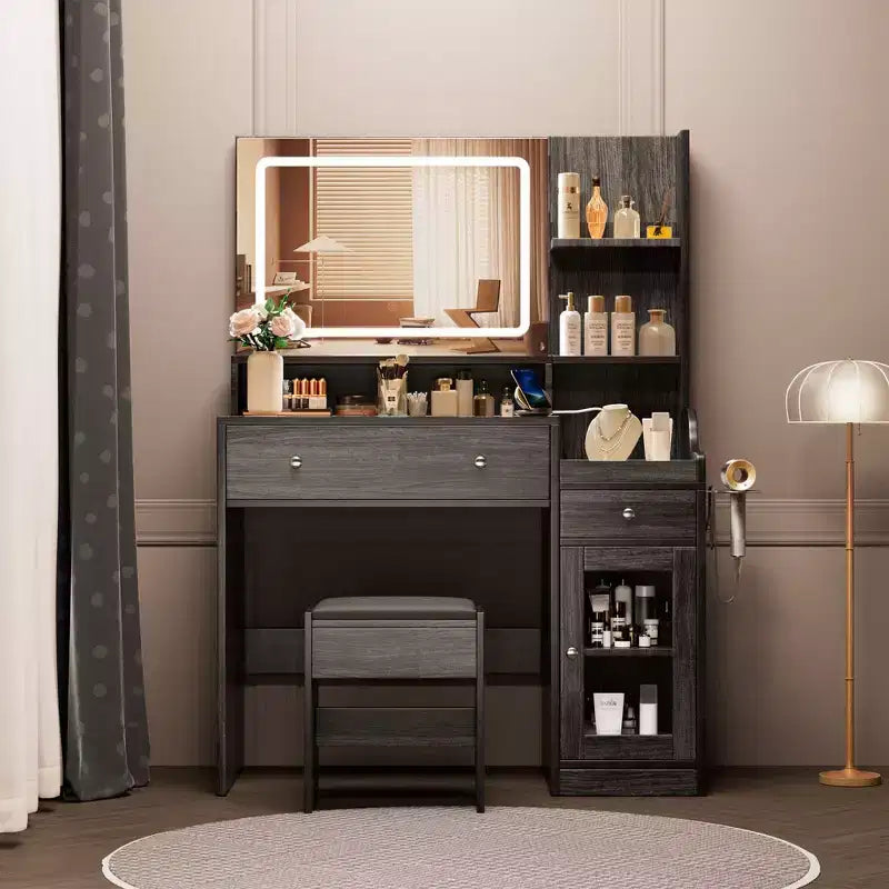 Vanity Desk with Mirror, Power Outlet, Hair Dryer Bracket, 2 Drawers, 3 Color Modes