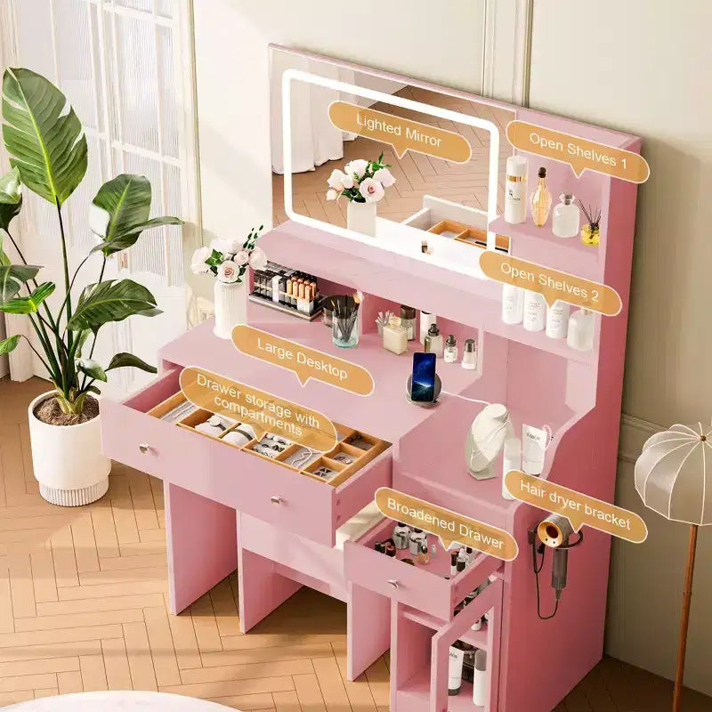 Vanity Desk with Mirror, Power Outlet, Hair Dryer Bracket, 2 Drawers, 3 Color Modes