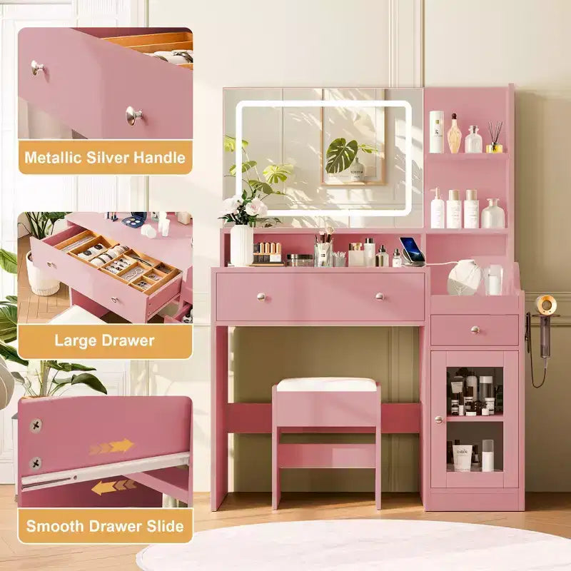 Vanity Desk with Mirror, Power Outlet, Hair Dryer Bracket, 2 Drawers, 3 Color Modes