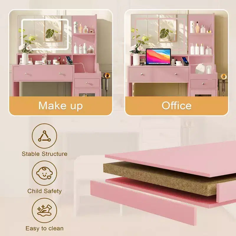 Vanity Desk with Mirror, Power Outlet, Hair Dryer Bracket, 2 Drawers, 3 Color Modes