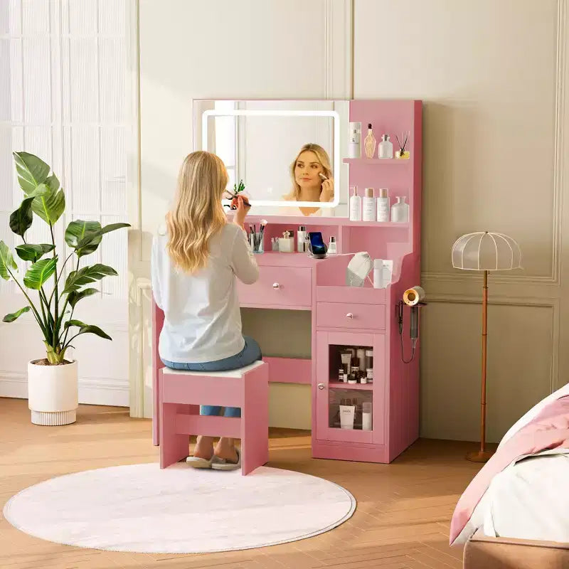 Vanity Desk with Mirror, Power Outlet, Hair Dryer Bracket, 2 Drawers, 3 Color Modes