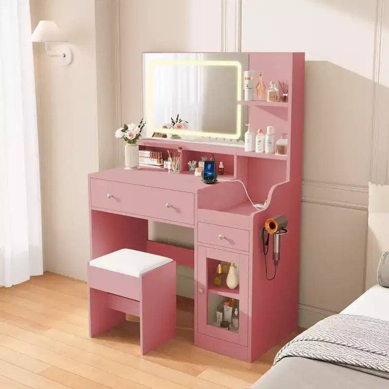 Vanity Desk with Mirror, Power Outlet, Hair Dryer Bracket, 2 Drawers, 3 Color Modes