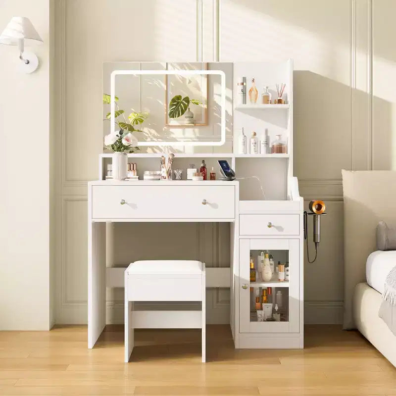 Vanity Desk with Mirror, Power Outlet, Hair Dryer Bracket, 2 Drawers, 3 Color Modes