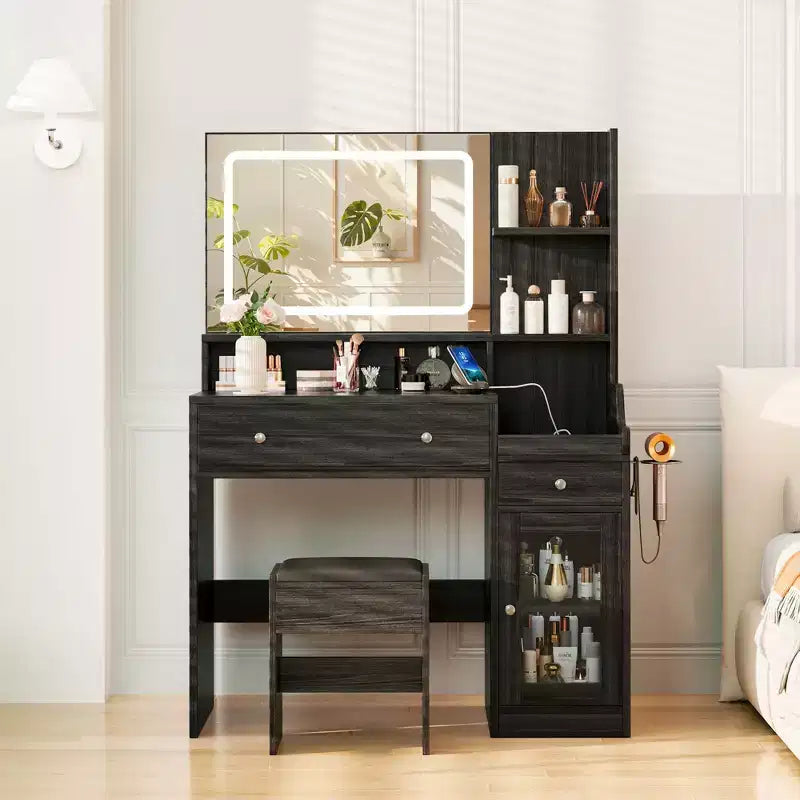 Vanity Desk with Mirror, Power Outlet, Hair Dryer Bracket, 2 Drawers, 3 Color Modes