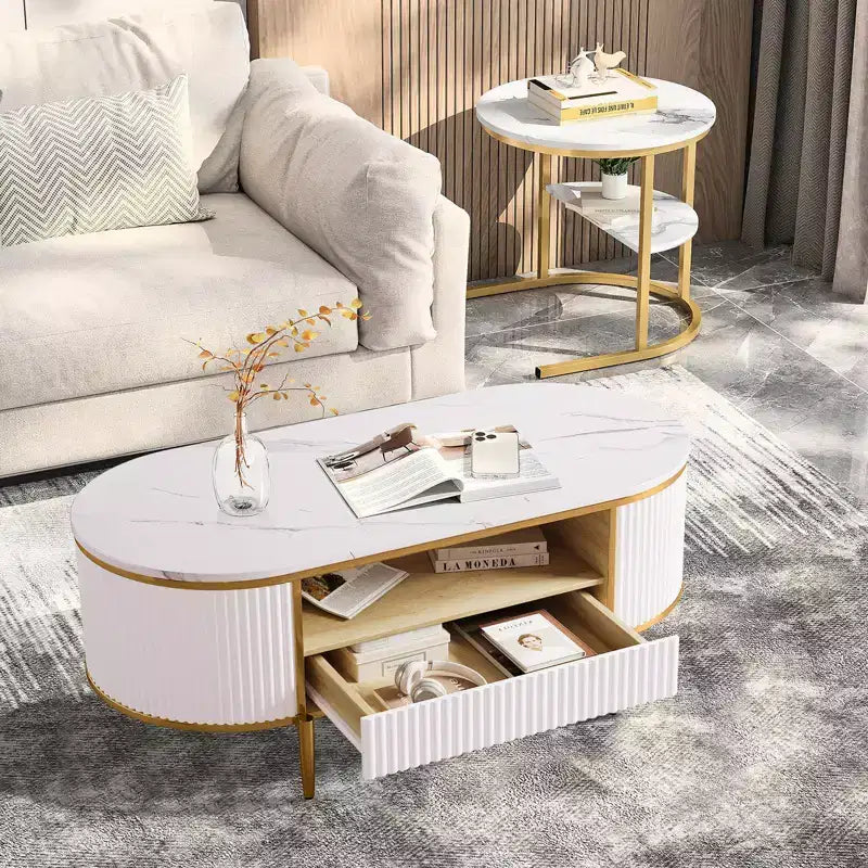 Oval Coffee Table with Storage, Faux Marble Top, Gold Metal Legs, White