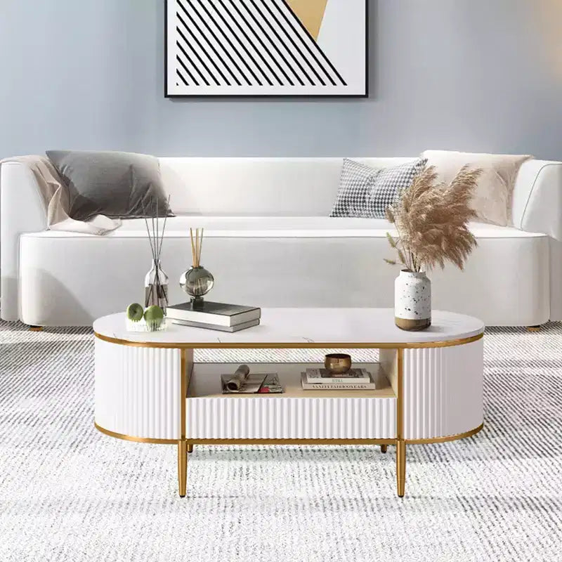 Oval Coffee Table with Storage, Faux Marble Top, Gold Metal Legs, White