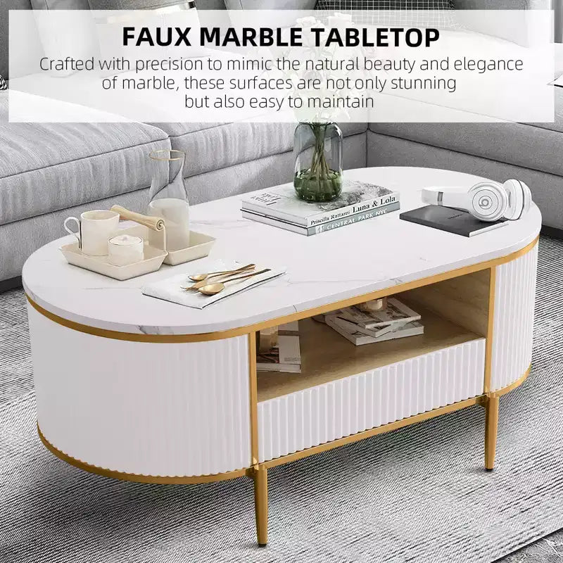 Oval Coffee Table with Storage, Faux Marble Top, Gold Metal Legs, White