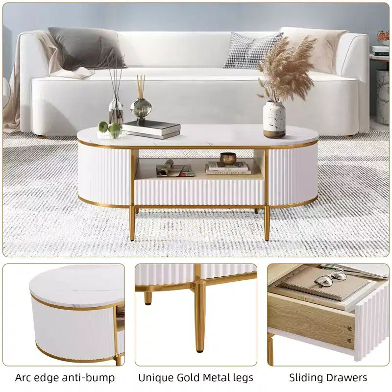 Oval Coffee Table with Storage, Faux Marble Top, Gold Metal Legs, White