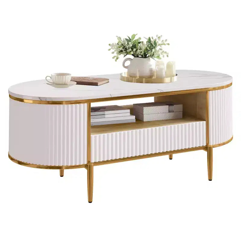 Oval Coffee Table with Storage, Faux Marble Top, Gold Metal Legs, White
