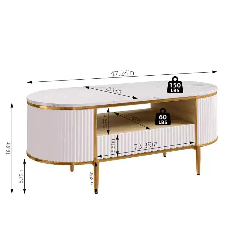 Oval Coffee Table with Storage, Faux Marble Top, Gold Metal Legs, White