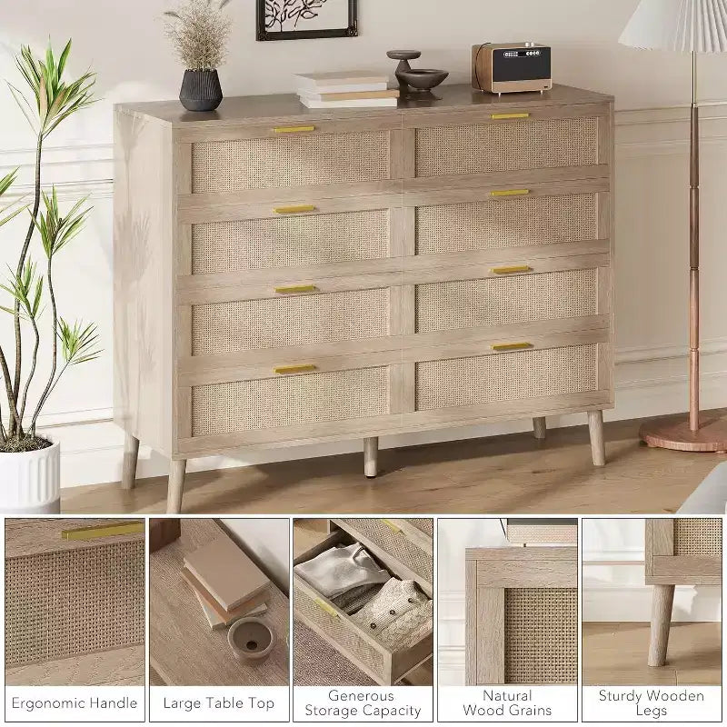 8-Drawer Natural Rattan Dresser with Golden Handles