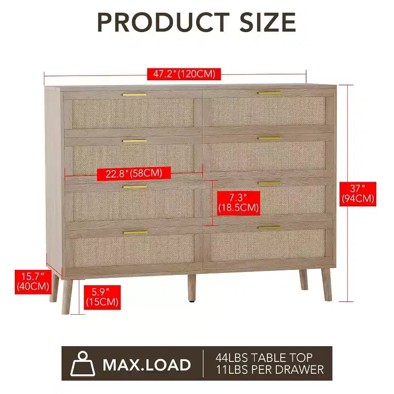 8-Drawer Natural Rattan Dresser with Golden Handles