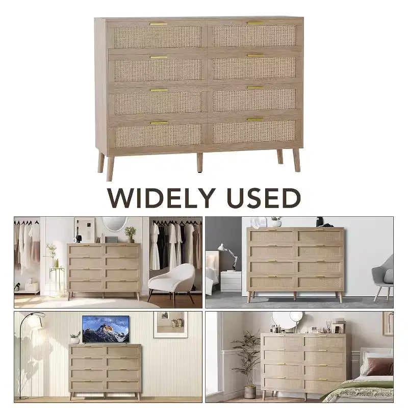 8-Drawer Natural Rattan Dresser with Golden Handles