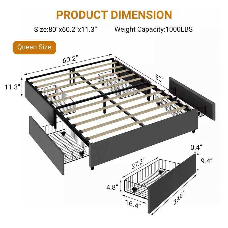King Platform Bed Frame with 4 Storage Drawers, Linen Fabric Upholstered