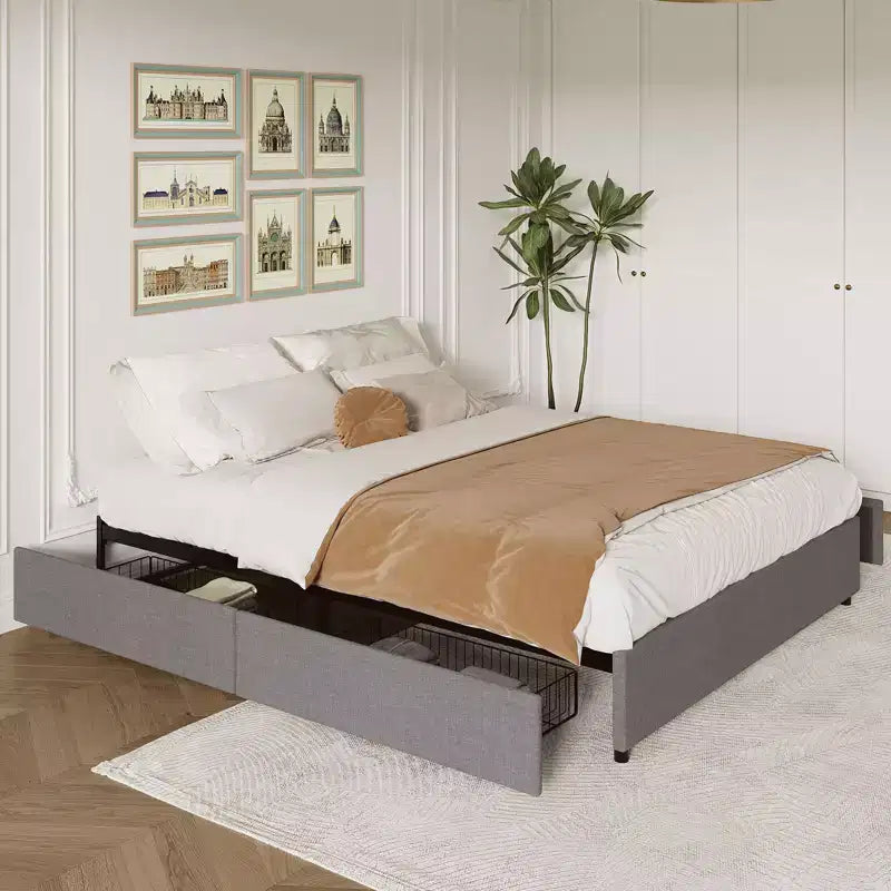 King Platform Bed Frame with 4 Storage Drawers, Linen Fabric Upholstered
