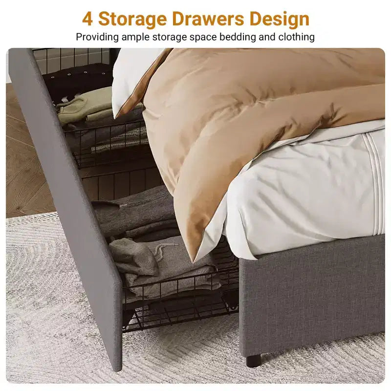 King Platform Bed Frame with 4 Storage Drawers, Linen Fabric Upholstered