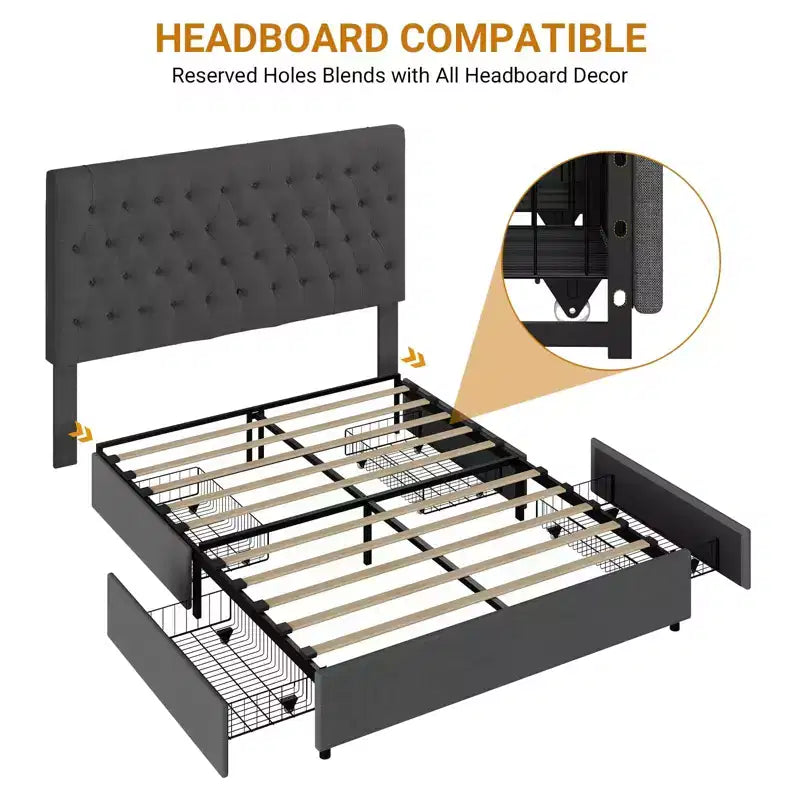 King Platform Bed Frame with 4 Storage Drawers, Linen Fabric Upholstered