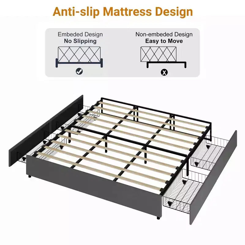 King Platform Bed Frame with 4 Storage Drawers, Linen Fabric Upholstered