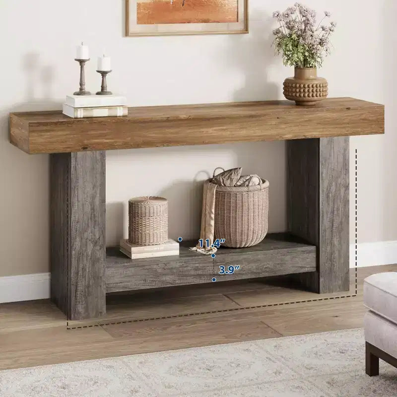 Farmhouse 2-Tier Entryway Console Table, 63" Long, Rustic Brown and Gray