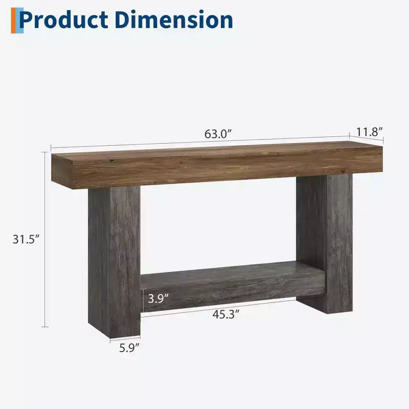 Farmhouse 2-Tier Entryway Console Table, 63" Long, Rustic Brown and Gray