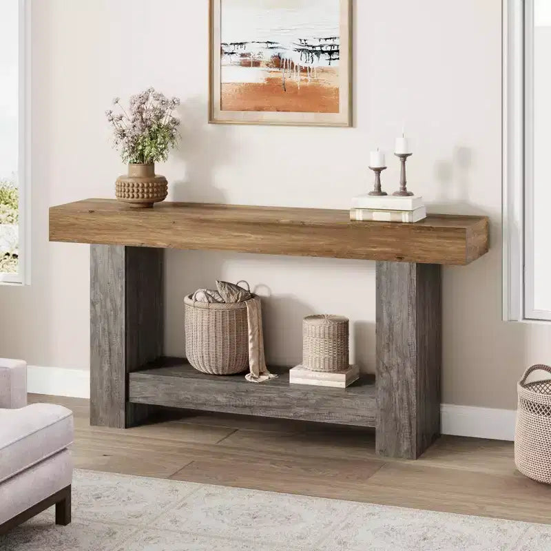 Farmhouse 2-Tier Entryway Console Table, 63" Long, Rustic Brown and Gray