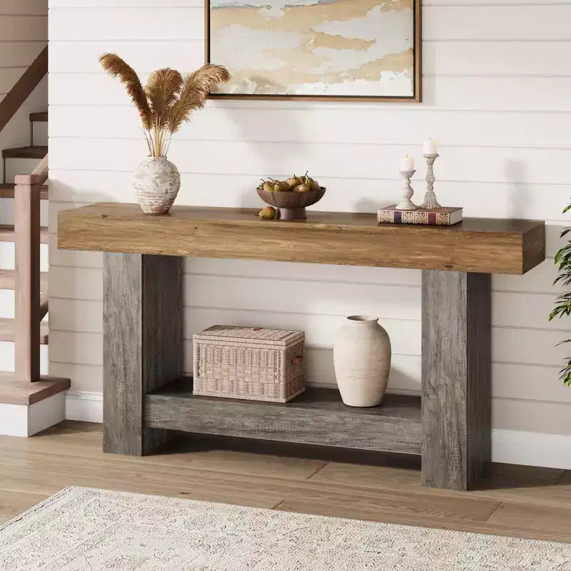 Farmhouse 2-Tier Entryway Console Table, 63" Long, Rustic Brown and Gray