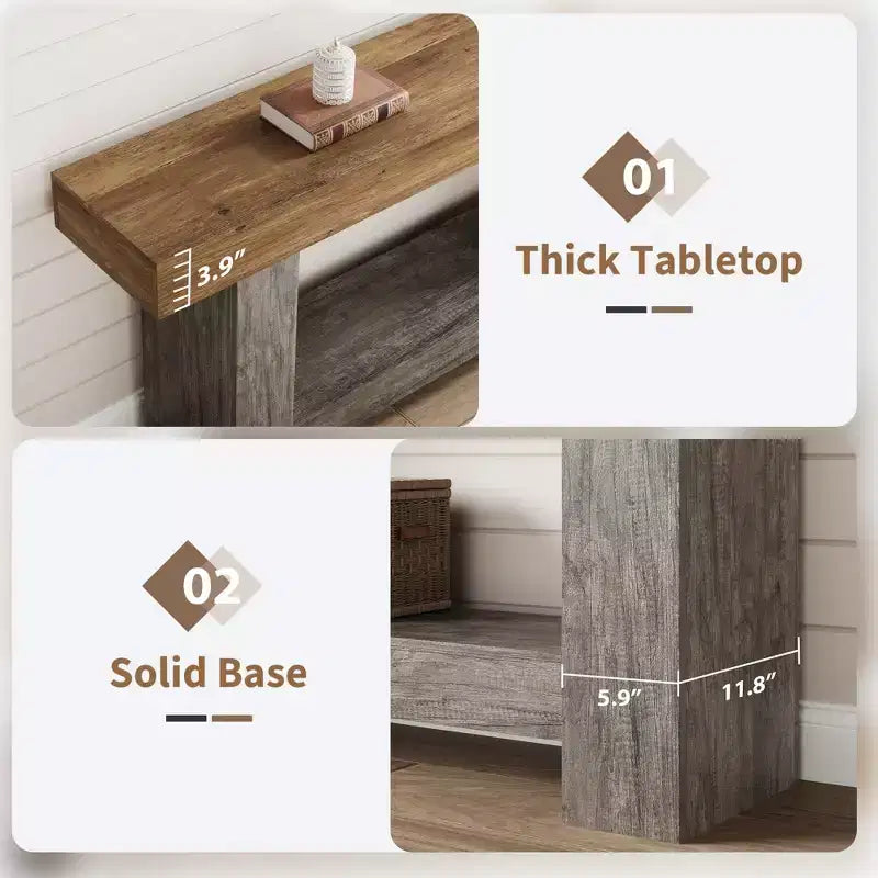 Farmhouse 2-Tier Entryway Console Table, 63" Long, Rustic Brown and Gray