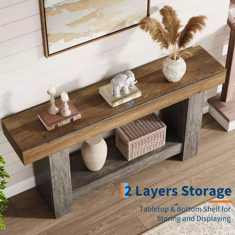 Farmhouse 2-Tier Entryway Console Table, 63" Long, Rustic Brown and Gray