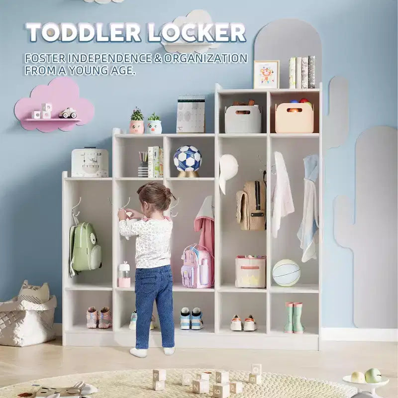 5-Section Classroom Coat Locker with 10 Hooks & 9 Cubbies, Eco-Friendly Wood Finish
