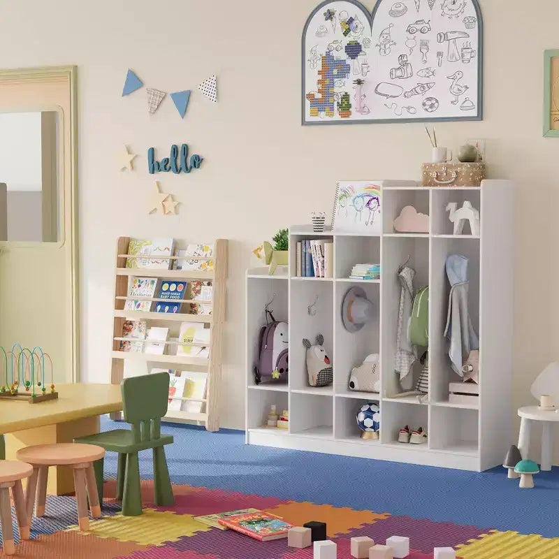 5-Section Classroom Coat Locker with 10 Hooks & 9 Cubbies, Eco-Friendly Wood Finish