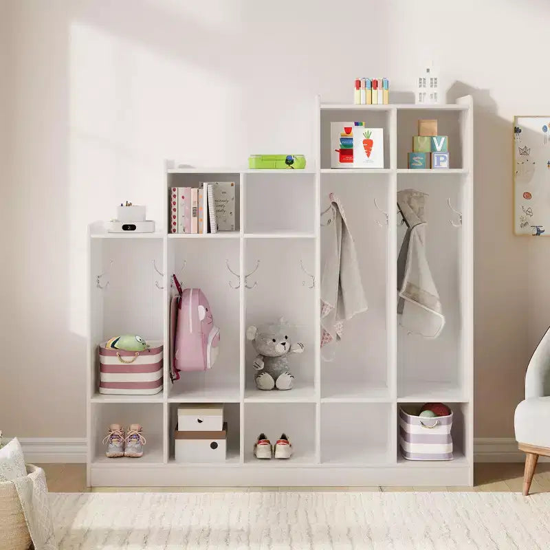 5-Section Classroom Coat Locker with 10 Hooks & 9 Cubbies, Eco-Friendly Wood Finish