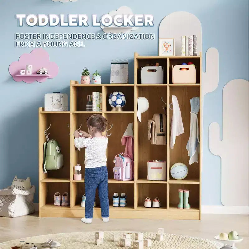 5-Section Classroom Coat Locker with 10 Hooks & 9 Cubbies, Eco-Friendly Wood Finish