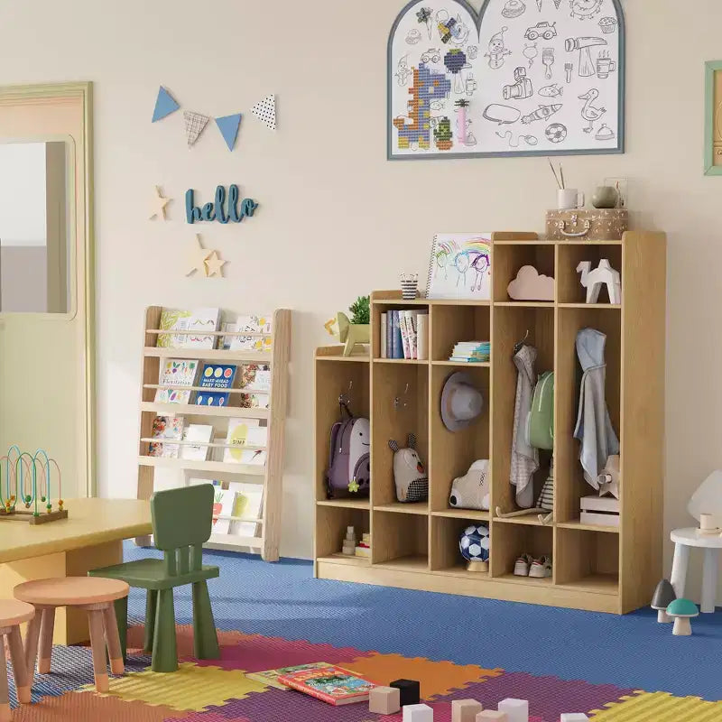 5-Section Classroom Coat Locker with 10 Hooks & 9 Cubbies, Eco-Friendly Wood Finish