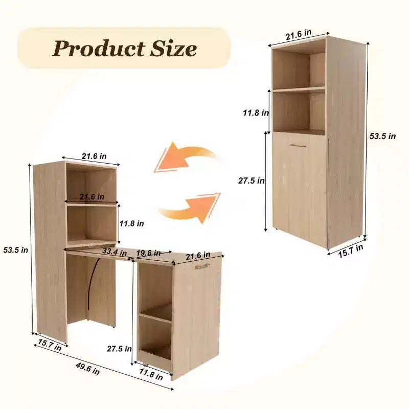 Extendable Desk with Storage Shelves & Casters, Foldable Design, Burlywood