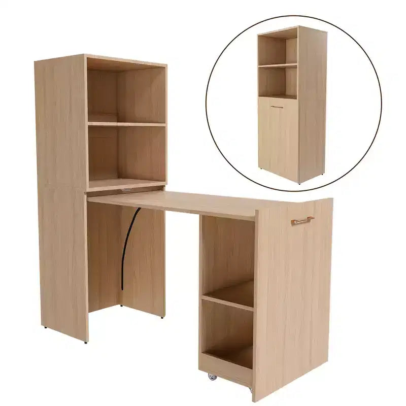 Extendable Desk with Storage Shelves & Casters, Foldable Design, Burlywood