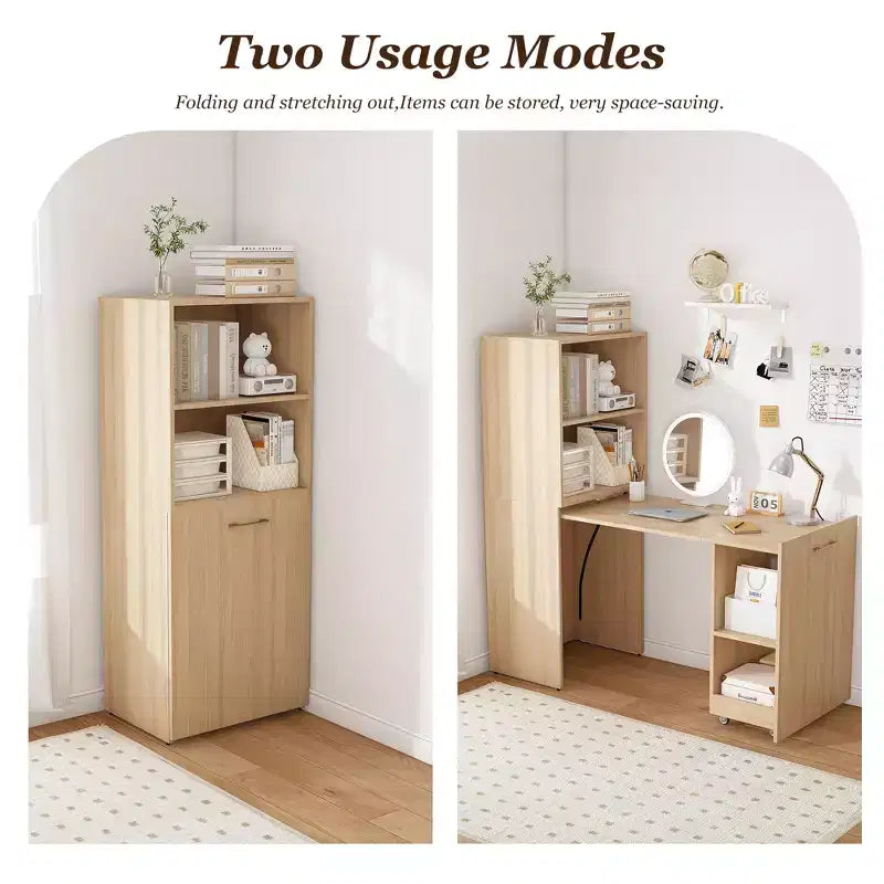Extendable Desk with Storage Shelves & Casters, Foldable Design, Burlywood