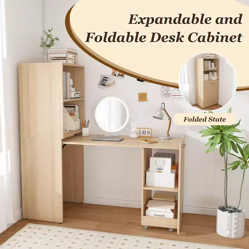 Extendable Desk with Storage Shelves & Casters, Foldable Design, Burlywood