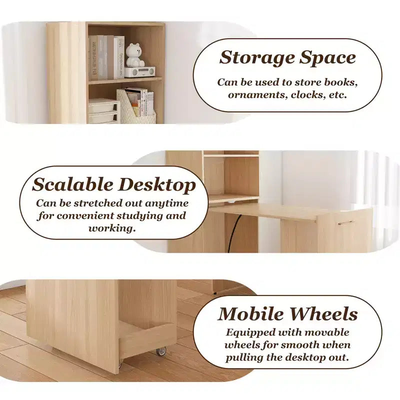 Extendable Desk with Storage Shelves & Casters, Foldable Design, Burlywood