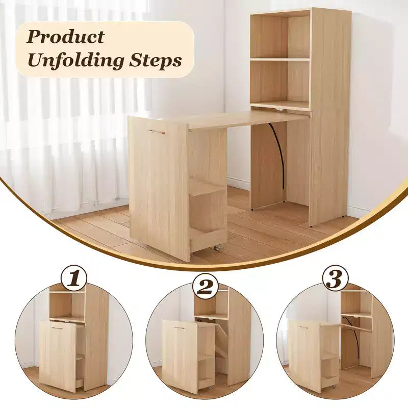 Extendable Desk with Storage Shelves & Casters, Foldable Design, Burlywood
