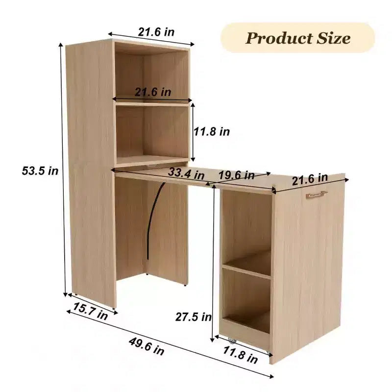 Extendable Desk with Storage Shelves & Casters, Foldable Design, Burlywood