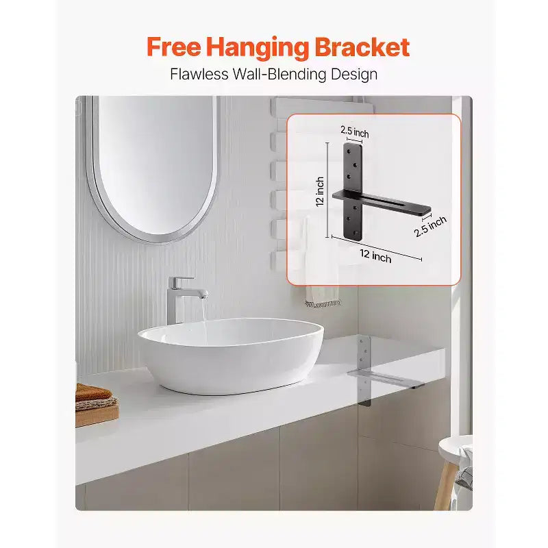 T Shelf Brackets, Set of 2, 200 lbs Capacity, Solid Steel, Black, 12x2.89x12"