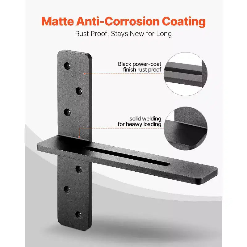 T Shelf Brackets, Set of 2, 200 lbs Capacity, Solid Steel, Black, 12x2.89x12"