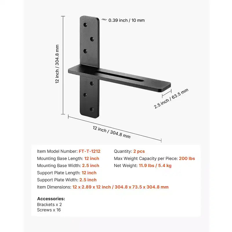 T Shelf Brackets, Set of 2, 200 lbs Capacity, Solid Steel, Black, 12x2.89x12"