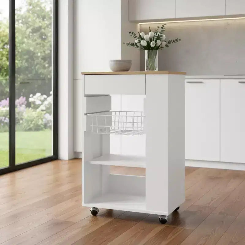 White and Brown 22" Rolling Kitchen Cart with Storage, Locking Wheels
