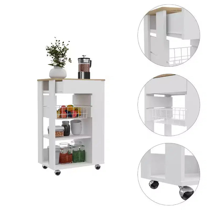 White and Brown 22" Rolling Kitchen Cart with Storage, Locking Wheels