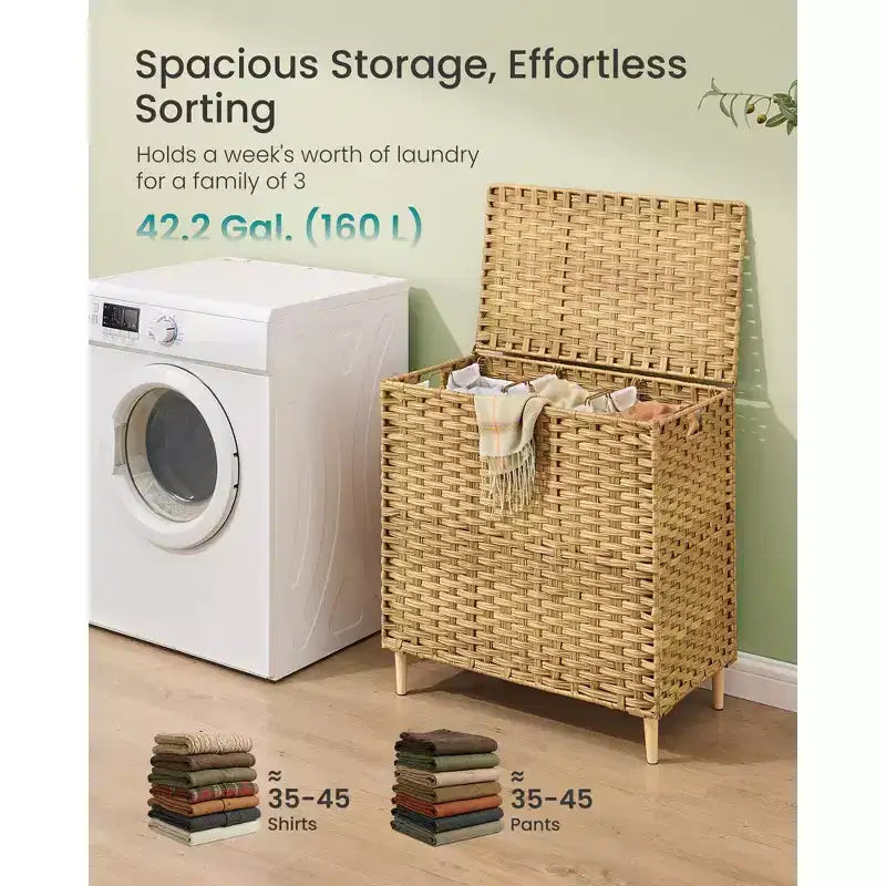 Laundry Hamper with Lid, PE Rattan 3-Section Sorter, 42.2 Gallons, Removable Liners