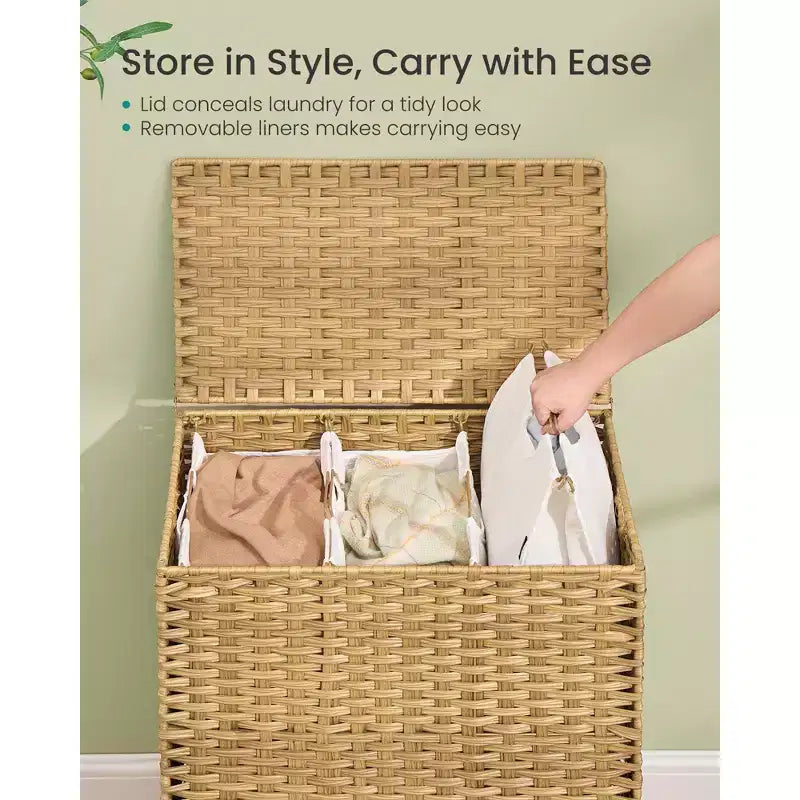 Laundry Hamper with Lid, PE Rattan 3-Section Sorter, 42.2 Gallons, Removable Liners