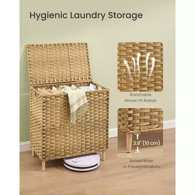 Laundry Hamper with Lid, PE Rattan 3-Section Sorter, 42.2 Gallons, Removable Liners
