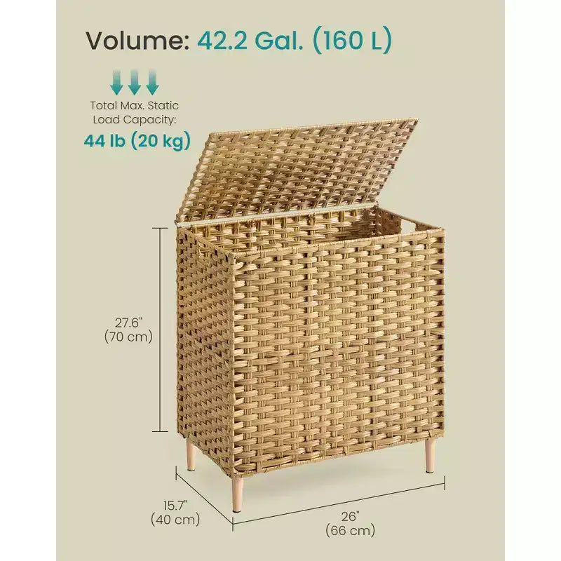 Laundry Hamper with Lid, PE Rattan 3-Section Sorter, 42.2 Gallons, Removable Liners