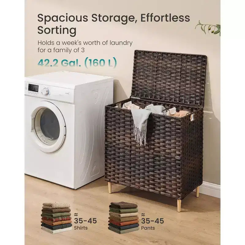 Laundry Hamper with Lid, PE Rattan 3-Section Sorter, 42.2 Gallons, Removable Liners